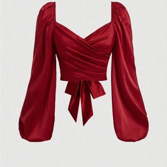 SHEIN Tops - SHEIN Red Satin Wrap Blouse